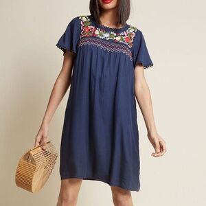 ModCloth Navy Short Sleeve Dress with Embroidery - Size Small